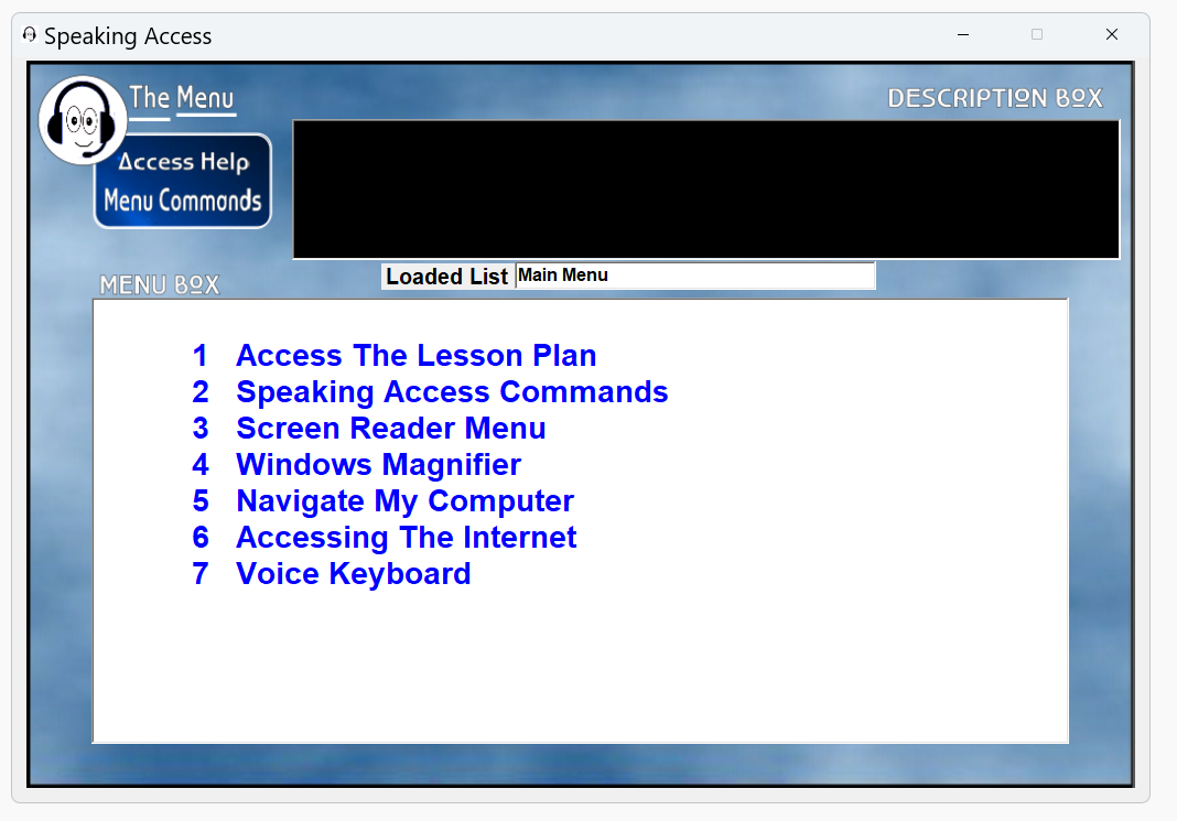 Voice-activated menu list of commands